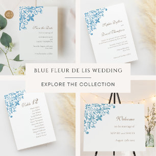 Frans Regency Blue Fleur de Lis Patroon Bruiloft Save The Date