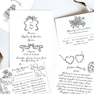 Boho Modern Hearts Doodle Hand getekend zwart en w Informatiekaartje