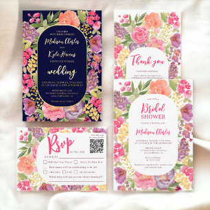 Bohemian heldere bloemenboog script chique bruilof bedankkaart