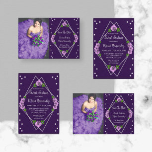 Paarse Roos Zilver Geometrisch Sweet 16 Save The Date