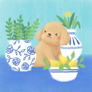 Schattigee puppy met Planten, citroenen en bloemen Fotoplaat