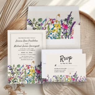 Watercolor Wilde Bloemen Crème Paarse Bruiloft Kaart