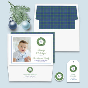 Chic Boxwood Weer Monogram Tartanfamilie Foto H Feestdagenkaart
