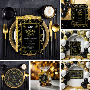Elegant Butterflies 60th Birthday Party Black Gold Folie Uitnodiging