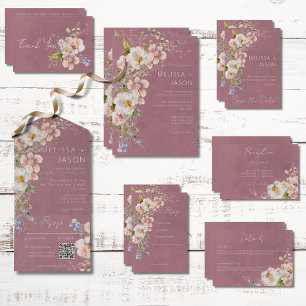 Pastel Floral Modern Dusty Pink QR Code All In One Uitnodiging