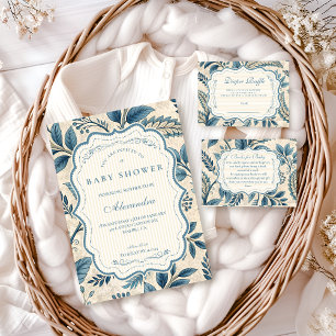 Blauw Vintage Botanisch Babyfeestje Kaart