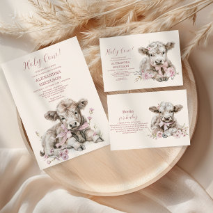 Roze Meisje Bloemen Highland Koe Baby Raffle Diapp Informatiekaartje