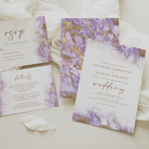 Elegant Marble Lavender Gold Wedding Kaart