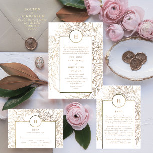 Premium Black Gold Monogram Wreath Wedding Kaart