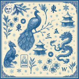 Kerstkaarten - Mahjong Toile - Plat Tweezijdig Feestdagenkaart