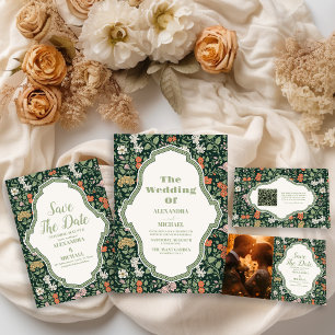 Vintage huwelijksuitnodiging William Morris RSVP Kaartje