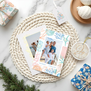 Zeeen en groeten Blauwgroen oceaanfoto-Lijst Feestdagenkaart