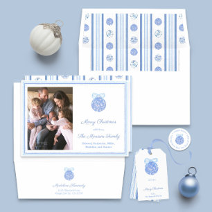 Waterverf blauw en wit Ornament kerstfoto Feestdagenkaart