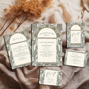 Bougainvillea Green Art Nouveau Mucha Wedding Kaart