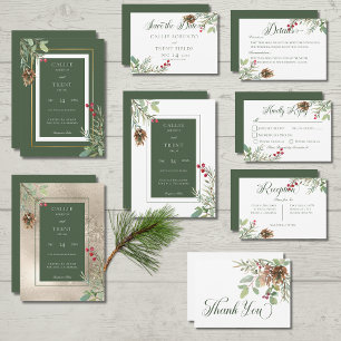Winter Pine Cone Berries Gold Wedding Invitation Kaart