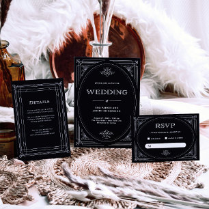 Modern Deco   Elegant Onyx Black and White Wedding Kaart
