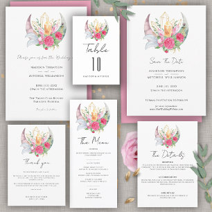 Boho Maan Kristallen Veren Roze Bloemen Trouwset  RSVP Kaartje