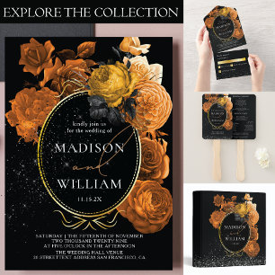 Elegant Wedding Black en Oranje Floral All In One Uitnodiging