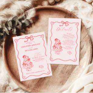 Whimsical Retro Doodle Art Wedding All In One Uitnodiging