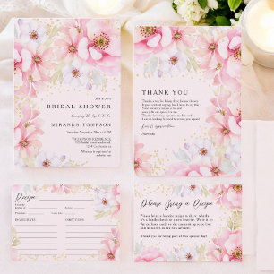 Elegante Roze Aquarel Gouden Bloemige Bruiloftsdou Bedankkaart