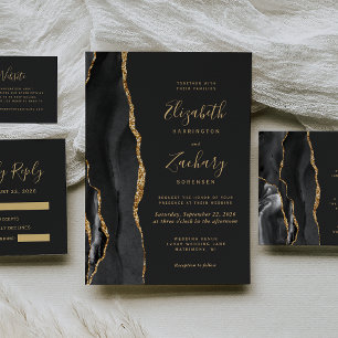 Modern Black Gold Agate Dark Wedding RSVP Kaartje