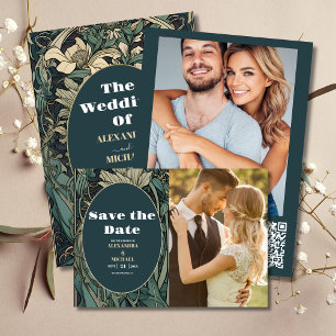 QR CodeVintage Bloemen Art Nouveau Bruiloft All In One Uitnodiging