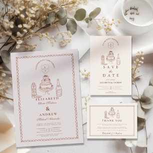 Terracotta Hand getekend Funky Western Doodle Wedd All In One Uitnodiging