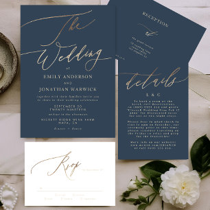 Navy Blue Info Accommododatie Gold Wedding RSVP Kaartje