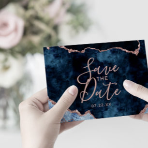 Navy Blue Roos Gold Foil Agate Wedding Invitations Uitnodiging Briefkaart