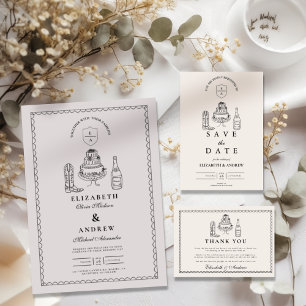 Zwart Wit Hand Getrokken Westerne Doodle Wedding All In One Uitnodiging