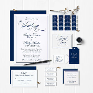 Elegant Navy Blue and White Wedding Invitation Kaart