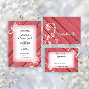 Rode Barn Wood en bloemen Land Weddenschap RSVP Kaartje