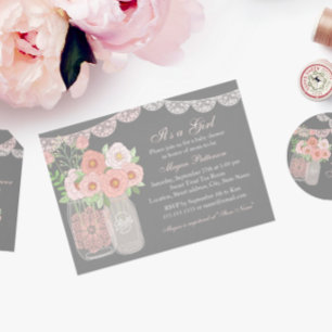 Sweet Mason Jar Roze & Grijs Baby shower Invitatio Kaart