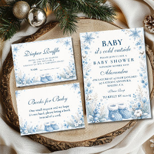Elegante Blauwe Winter Baby Shower Luiers Raffle Informatiekaartje