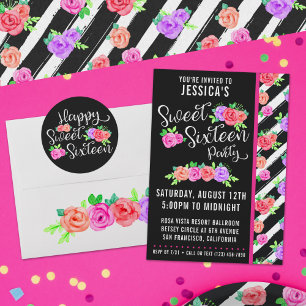 Happy Sweet 16 Verjaardags Meisje Edgy Rozen & Zwa Ronde Sticker