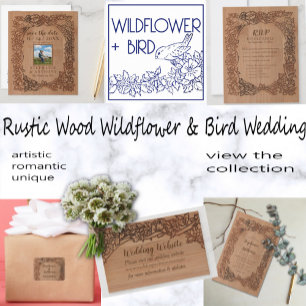 Wood Look Floral Bird Border Rustieke Bruiloft Kaart