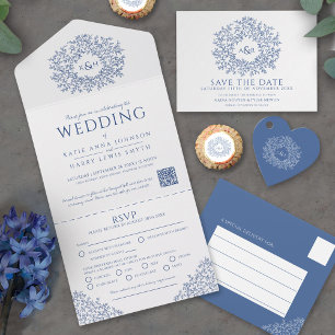 Blauw en wit blad tekening monogram bruiloft menu