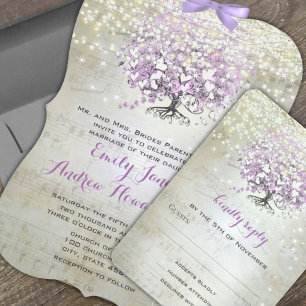 Elegante Lavendel Paarse Hartblad Boom Bruiloft All In One Uitnodiging