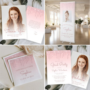 2025 Glam Blush Pink Glitter Drip Foto Afstuderen Kaart