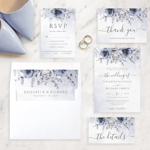 Dusty Blue Waterverf Floral Botanical Wedding RSVP Kaartje