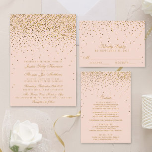 Blush Pink & Glam Gold Confetti Wedding All In One Uitnodiging