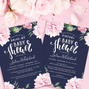 Baby shower Waterverf Pink Peony Floral Navy Kaart