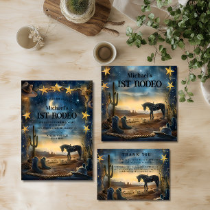 Blauwe Lucht Ruw Cowboys Rodeo 1e Verjaardag Bedankkaart