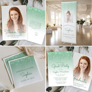 2026 Foto Groene Glittersluier Afstuderen Bedankkaart