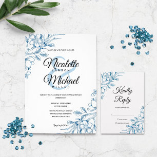 Klassieke Blue Floral Wedding Kaart