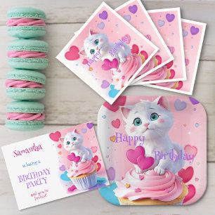 Leuk meisje leuk wit kitten cupcake verjaardagsfee servet