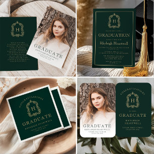 Donkere groene gouden monogram embleem afstudeerfe kaart