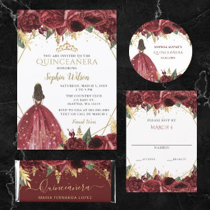 Burgundy Gold Floral Butterfly Quinceañera Quince Kaart