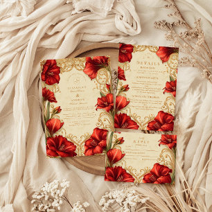 Art Nouveau Rode Amaryllis bruiloft RSVP Kaartje