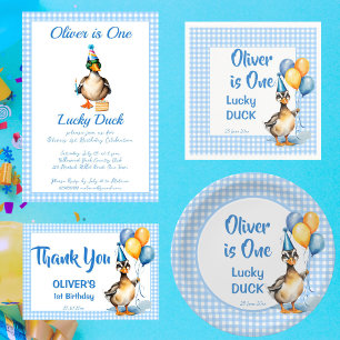Een gelukkige eend blauwe gingham verjaardagsfeest kaart